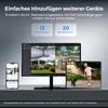A marketing image showing a surveillance system displayed on a monitor, tablet, and phone, with text highlighting features. Produktbild-Vorschau