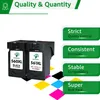Two black ink cartridges are shown in the foreground, with colorful diamond shapes in the background. Text overlays describe product features. Produktbild-Vorschau