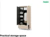A beige and black wardrobe with its doors open, showing organized storage space inside. Produktbild-Vorschau