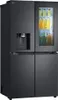 A black LG multi-door refrigerator with a glass door that shows bottles of drinks inside. Produktbild-Vorschau