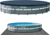 Two images of an Intex pool. The top image shows the pool covered, and the bottom image shows the pool filled with water and on a ground mat. Produktbild-Vorschau