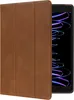 A brown leather tablet case is shown partially open, revealing a tablet screen with a colorful, abstract display. Produktbild-Vorschau