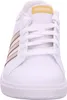 A close-up, front-facing view of a white Adidas sneaker with gold stripes. Produktbild-Vorschau