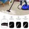 A steam cleaner with various accessories and feature callouts, displayed on a carpeted floor. Voir les images du produit