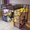 A loft bed with a desk, chair, and storage integrated underneath, set in a modern room with neon lighting.