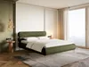 A modern bedroom with a green upholstered bed, bedside table, and large window. Produktbild-Vorschau