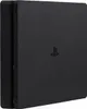 A black Sony PlayStation 4 Slim console is shown from a diagonal angle against a white background. Produktbild-Vorschau