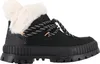 A single black boot with white fur trim and black and white laces is shown against a white background. Produktbild-Vorschau