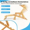 A wooden deck chair with a canopy, shown in multiple reclining positions, with text overlays describing its features. Podgląd zdjęcia produktu
