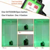 A collage of images showing a 3D laser level and its features, with text overlays describing its buttons and functions. Náhľad obrázku produktu