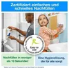 A collage showing a man refilling a soap dispenser and a child using one, with marketing text and a certification seal. Produktbild-Vorschau