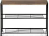 A three-tiered shoe rack with a wood-look top and black metal frame. Náhled obrázku produktu
