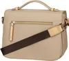 A close-up view of the back of a beige handbag. Voir les images du produit