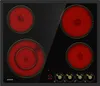 A top-down view of a black glass ceramic cooktop with four red heating elements and control knobs. Produktbild-Vorschau