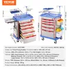 Two views of a medical cart with dimensions and feature callouts. Náhľad obrázku produktu