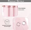 Close-up images of pink curtains with grommets and sheer fabric details, along with text highlighting product features. Produktbild-Vorschau