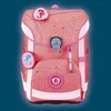 A pink school backpack with a coral reef pattern and sea creature patches. Produktbild-Vorschau
