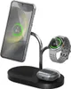 A black 3-in-1 wireless charging stand holding a smartphone, smartwatch, and earbuds. Podgląd zdjęcia produktu