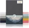 A product shot of baby fitted sheets in various colors, with a main product box in the center. Produktbild-Vorschau