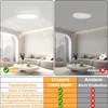 A split image showing a living room with a ceiling light on the left and a comparison table below. Produktbild-Vorschau