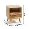 A wooden nightstand with a drawer and an open shelf, shown against a white background with dimensions indicated. Produktbild-Vorschau
