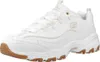 A single white Skechers D'Lites sneaker with tan accents and a brown sole is shown from a side-angle against a white background. Produktbild-Vorschau