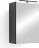 A modern bathroom cabinet with a mirrored door and a dark gray body, mounted on a white wall. Produktbild-Vorschau