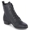A black leather boot with laces and a zipper. Voir les images du produit