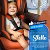 A child is sitting in a car seat, which is shown inside a car. There are marketing overlays with text and icons. Náhled obrázku produktu