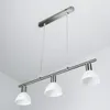 A modern pendant light fixture with three white glass shades hanging from a silver bar, suspended from a white ceiling. Produktbild-Vorschau