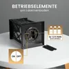 The bottom of a black lantern is shown, with callouts pointing to the battery compartment and the ON/OFF switch. There is also an illustration of batteries and text indicating the battery type and quantity. Produktbild-Vorschau