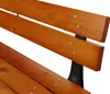 Close-up view of a wooden park bench with black metal legs. Produktbild-Vorschau