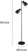 A black floor lamp with two adjustable spotlights is shown against a white background, with dimensions indicated. Produktbild-Vorschau