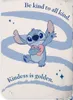 A cartoon character, Stitch, is depicted holding a heart on a light blue and white background with text. Produktbild-Vorschau