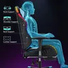 A diagram showing the ergonomic features of a gaming chair, with a translucent human skeleton superimposed to illustrate support points. Podgląd zdjęcia produktu