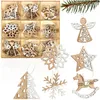 A collage of wooden Christmas tree ornaments in various shapes including snowflakes, angels, rocking horses, stars, and trees, some displayed in a grid and others hanging. Produktbild-Vorschau