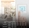 A finger is shown interacting with a white digital thermostat mounted on a textured wall. The image also includes a lifestyle shot of a living room and a table displaying a weekly program schedule. Náhled obrázku produktu