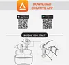 An instructional diagram showing how to download the Creative app and place the earbuds in their charging case. Produktbild-Vorschau