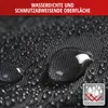 A close-up of a black fabric surface with water droplets on it, indicating water resistance. Text overlay describes the features. Produktbild-Vorschau
