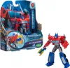 A Transformers Earthspark Optimus Prime toy is shown in its packaging and also displayed outside of the packaging. Produktbild-Vorschau