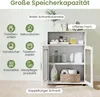 A white bathroom cabinet with its doors open, displaying various bathroom items. The image also includes text and icons highlighting the cabinet's storage capacity and features. Anteprima dell’immagine prodotto