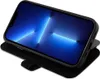 A black leather book-style phone case with a BMW logo is shown with an iPhone 14 Pro inside. Produktbild-Vorschau