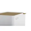 A close-up view of a white trash can with a brown lid. Produktbild-Vorschau