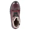 A top-down view of a single burgundy leather boot with black laces and a white fur lining. Produktbild-Vorschau