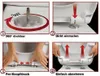 A collage of four images demonstrating how to install and remove a toilet seat. Produktbild-Vorschau