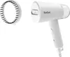 A white Tefal travel garment steamer and a circular brush attachment are displayed against a white background. Produktbild-Vorschau
