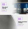 A collage of two close-up images showing features of a machine, with text overlays describing the features. Produktbild-Vorschau