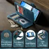 A blue leather wallet-style phone case for a Samsung Galaxy S24 is shown open, displaying its card slots, zipper pocket, and a phone inserted. Below the main image are four circular insets highlighting specific features of the case. Produktbild-Vorschau