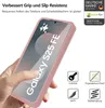 A hand holding a pink phone case with a phone inside, with marketing text and icons around it. Produktbild-Vorschau