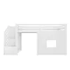 A white loft bed with stairs and a window. Produktbild-Vorschau